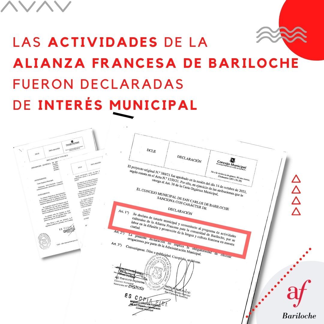Declararon de interés municipal a las actividades de la Alianza Francesa de Bariloche